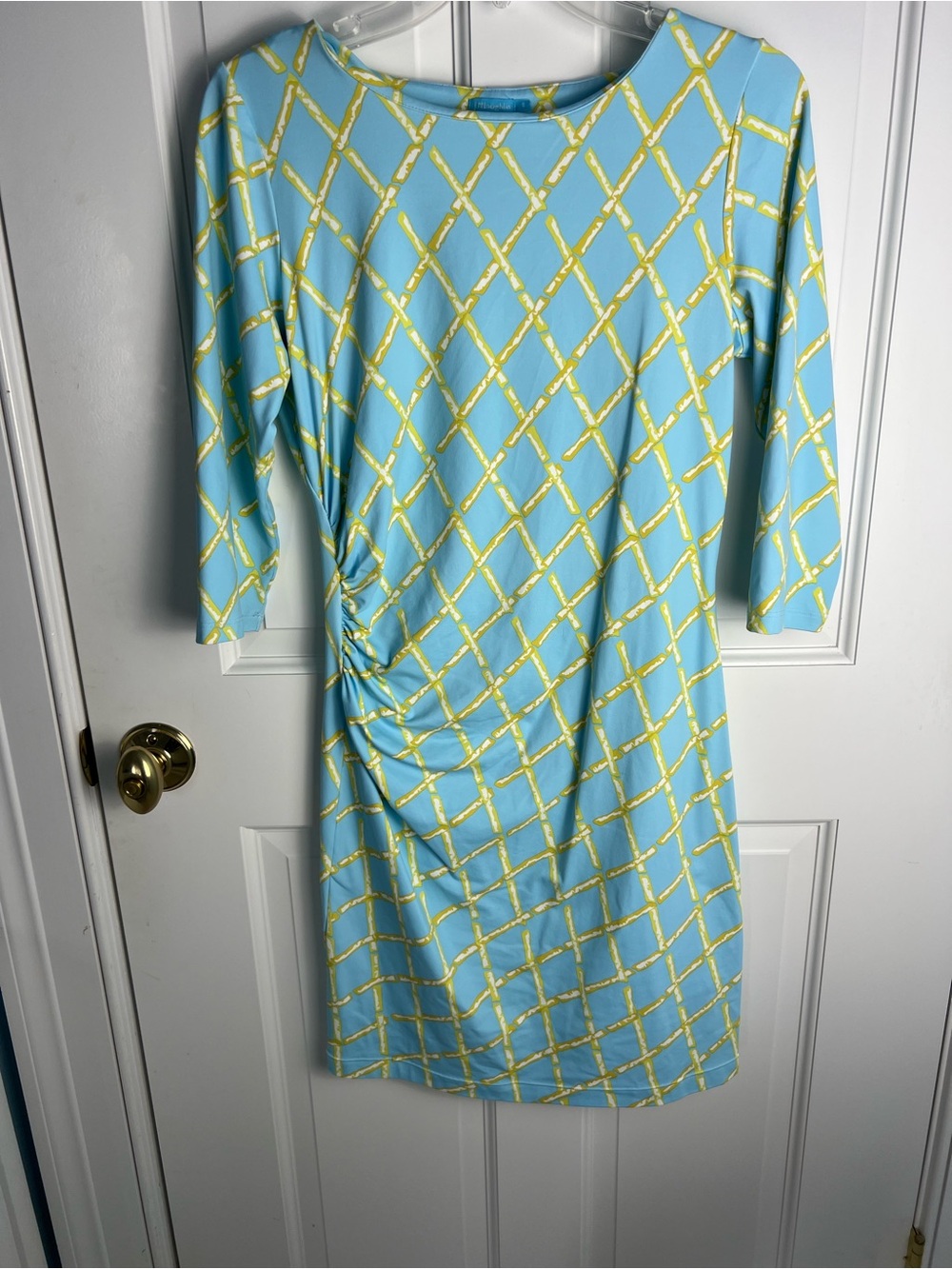 J. McLaughlin Light Blue Dress with Yellow Lattice Pattern Size S